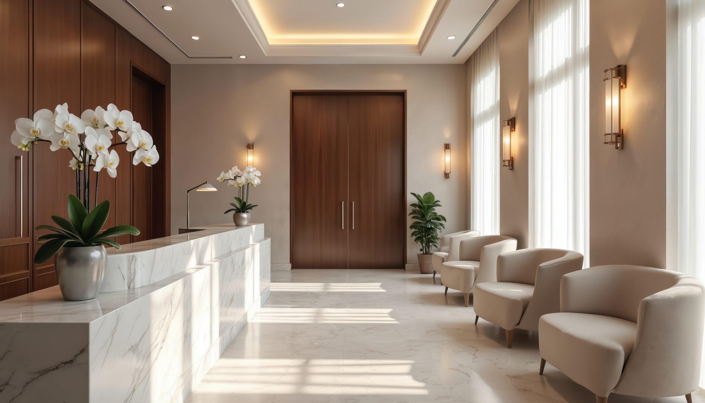 Sunlit reception of a modern medical aesthetics practice